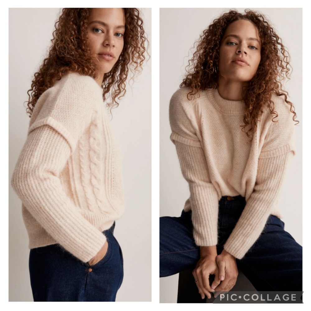 Madewell Cable Havener Pullover Sweater in Cream Heather Alpaca Wool Medium EUC